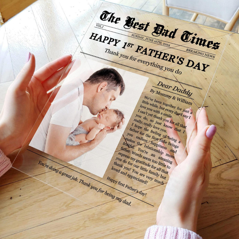 Bazinco Custom Newspaper Style Acrylic Photo Plaque for Dad – First Father’s Day Gift