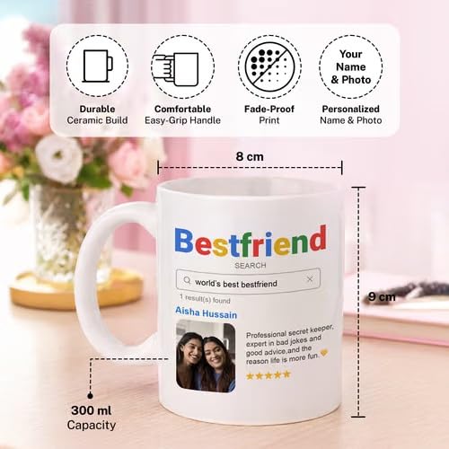 Bazinco Custom Best Friend Mug 300 ml, Personalized Ceramic Coffee Mug, Best Friend Search Engine Design, Custom Photo Name Gift for Bestie, Birthday Friendship Gift