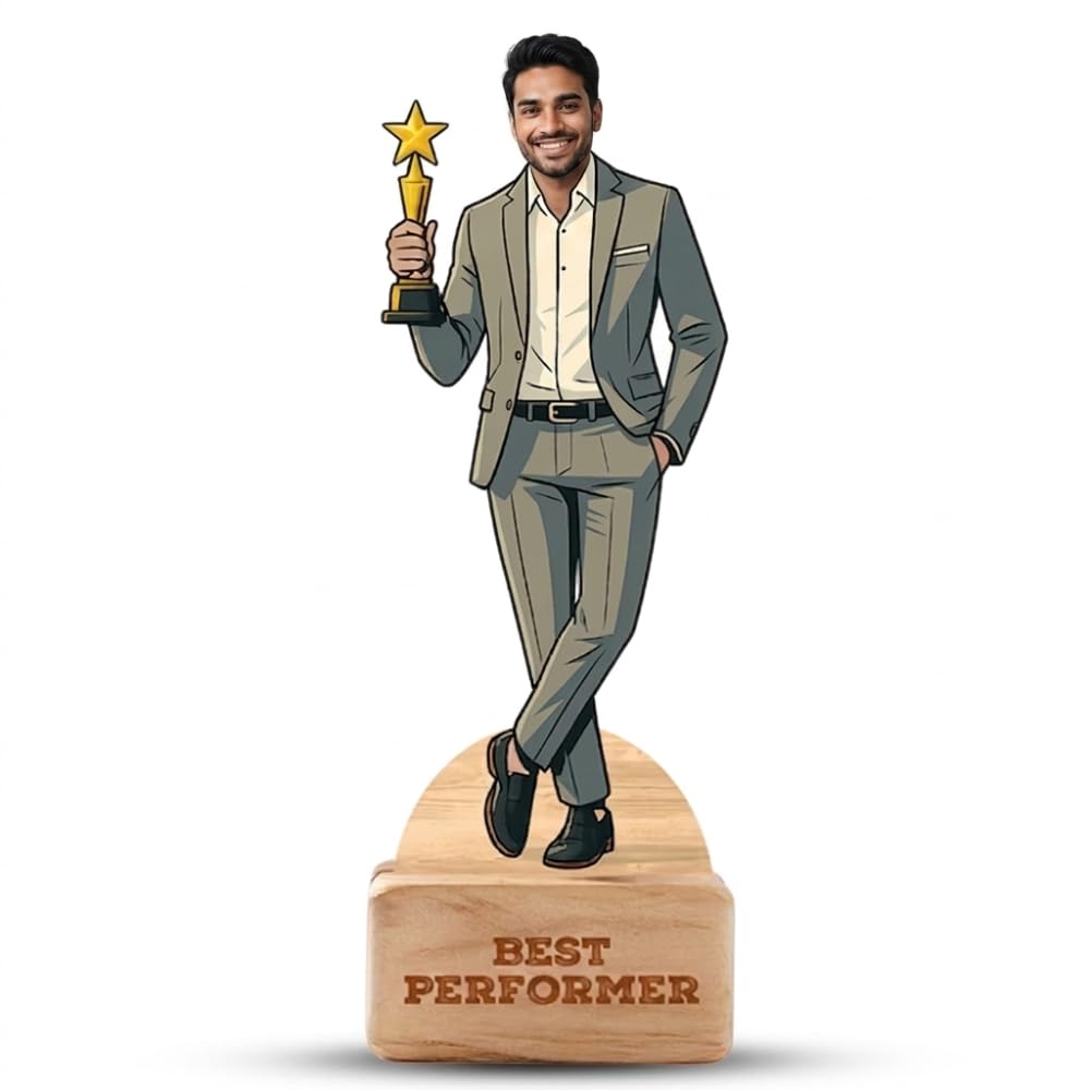 Bazinco Custom Best Performer Caricature Gift for Him | Personalized Acrylic Success Plaque | Corporate Recognition & Achievement Gift