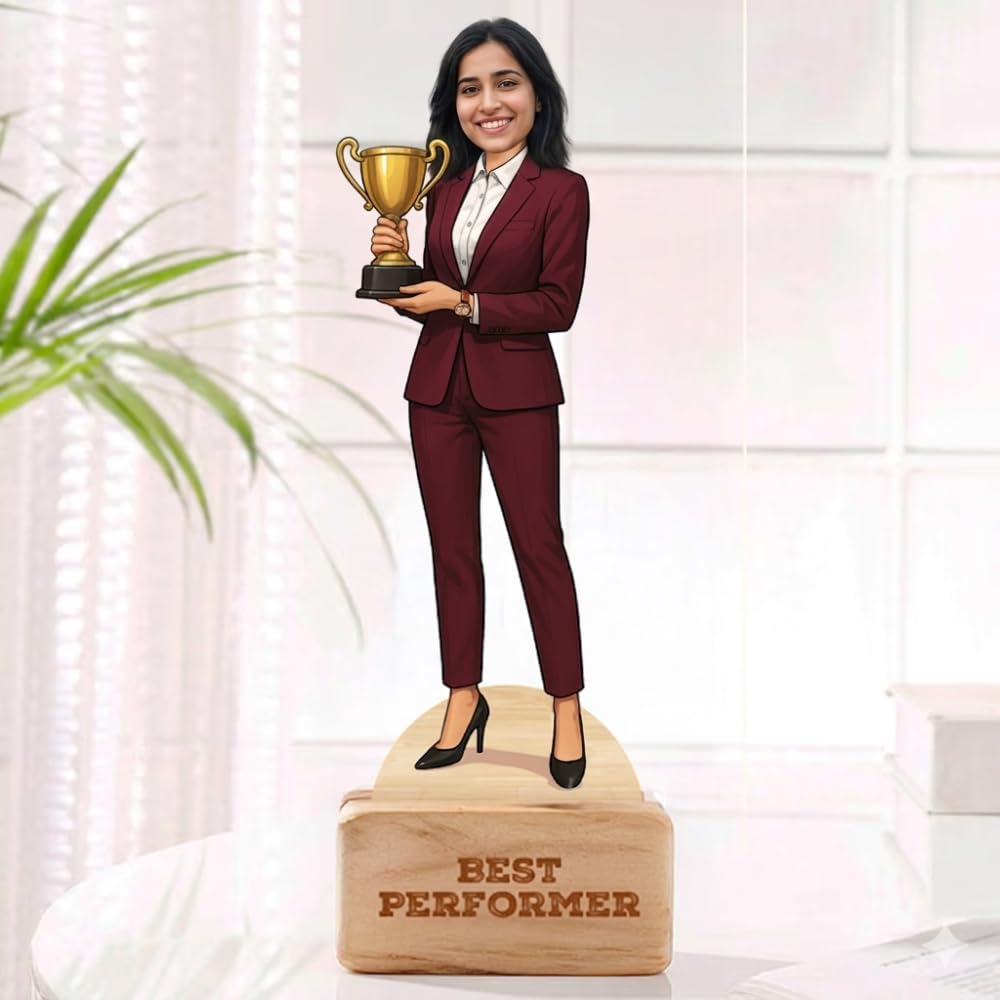 Bazinco Best Performer Personalized Caricature | Custom Achievement Acrylic Plaque with Wooden Base | Employee Recognition & Corporate Award Gift