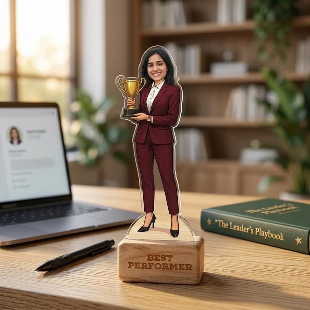 Bazinco Best Performer Personalized Caricature | Custom Achievement Acrylic Plaque with Wooden Base | Employee Recognition & Corporate Award Gift