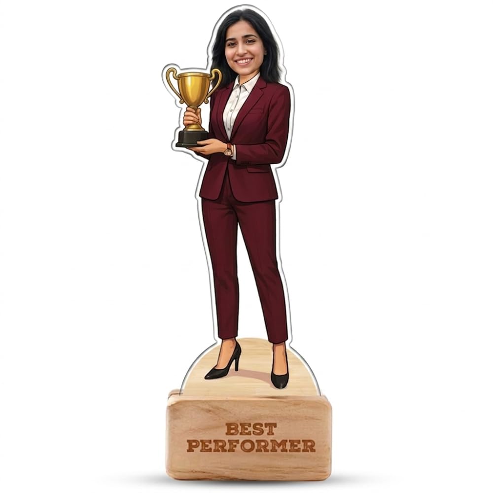 Bazinco Best Performer Personalized Caricature | Custom Achievement Acrylic Plaque with Wooden Base | Employee Recognition & Corporate Award Gift