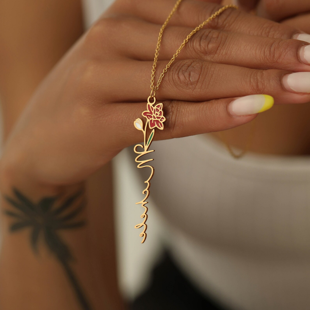 Bazinco Custom Name Necklace with Birth Flower – Elegant Floral Name Jewelry