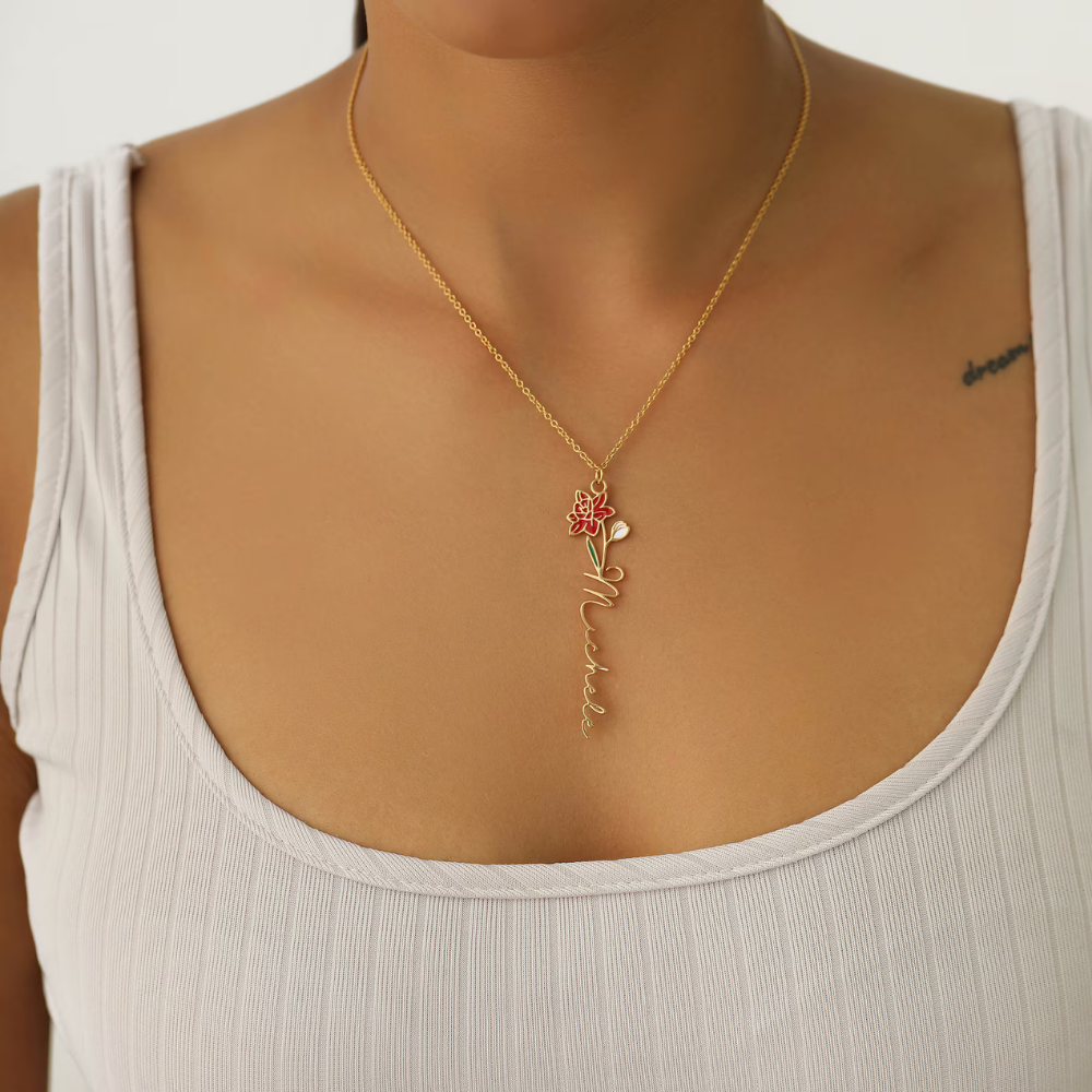 Bazinco Custom Name Necklace with Birth Flower – Elegant Floral Name Jewelry