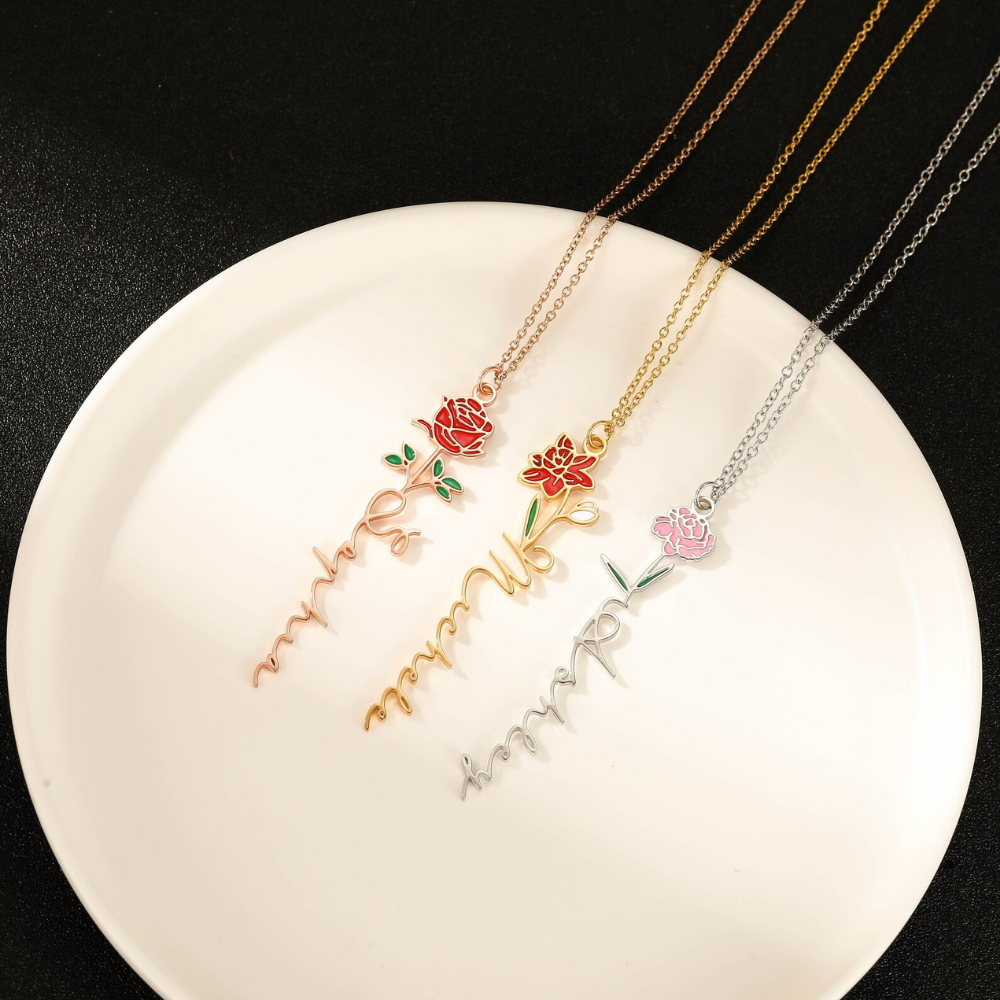 Bazinco Custom Name Necklace with Birth Flower – Elegant Floral Name Jewelry