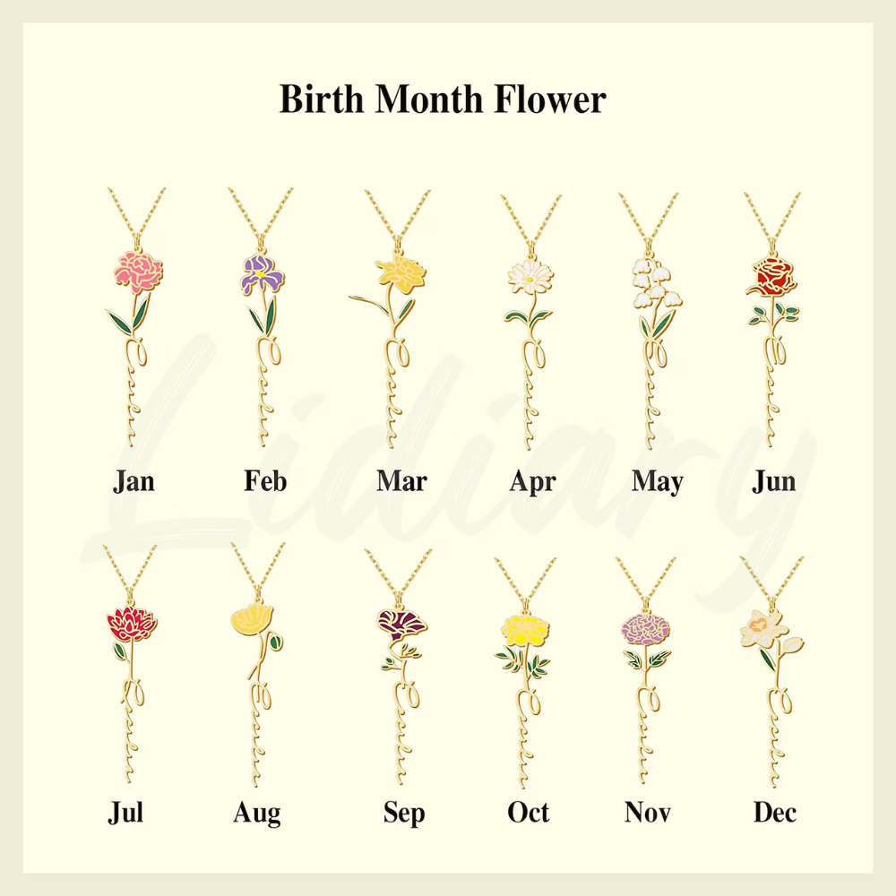Bazinco Custom Name Necklace with Birth Flower – Elegant Floral Name Jewelry