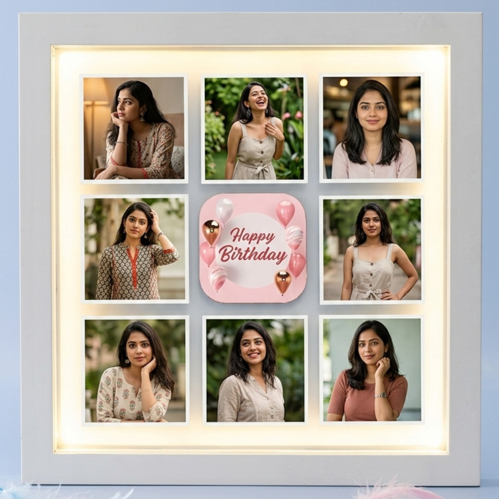 Bazinco Personalized Birthday LED Photo Frame – Custom 9 Photo Memory Collage Gift