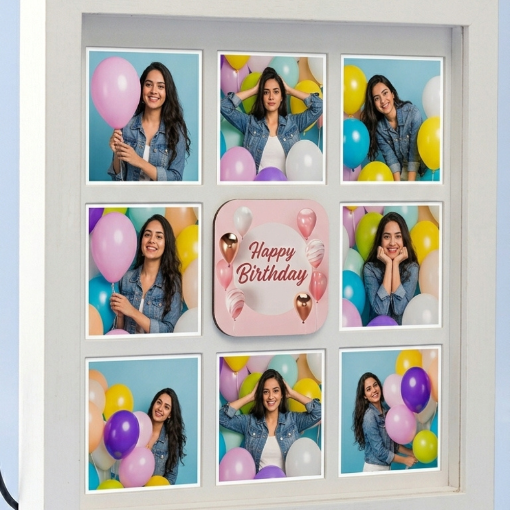 Bazinco Personalized Birthday LED Photo Frame – Custom 9 Photo Memory Collage Gift