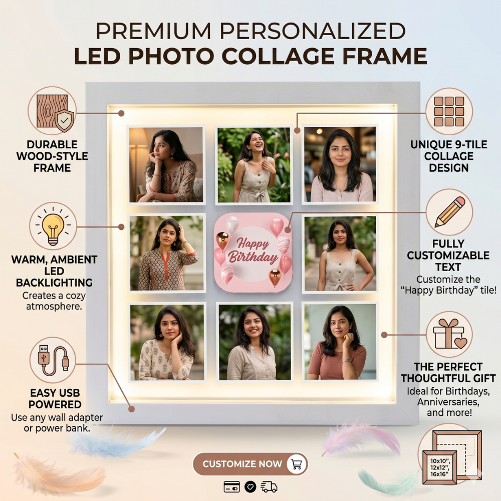 Bazinco Personalized Birthday LED Photo Frame – Custom 9 Photo Memory Collage Gift