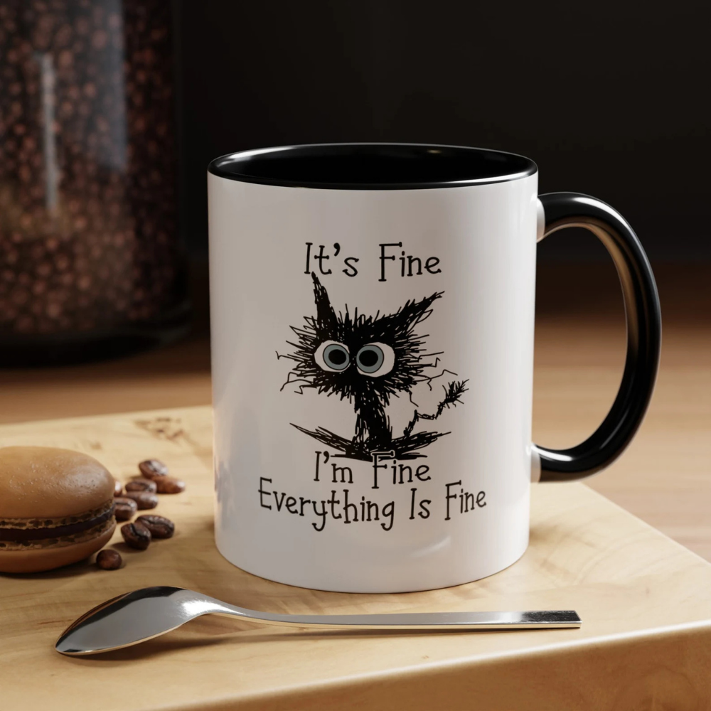 Bazinco Personalized It's Fine I'm Fine Everything Is Fine Black Cat PZ Mug | Custom Name Funny Ceramic Coffee Mug | Black Handle Mug | 11 Oz
