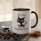 Bazinco Personalized It's Fine I'm Fine Everything Is Fine Black Cat PZ Mug | Custom Name Funny Ceramic Coffee Mug | Black Handle Mug | 11 Oz