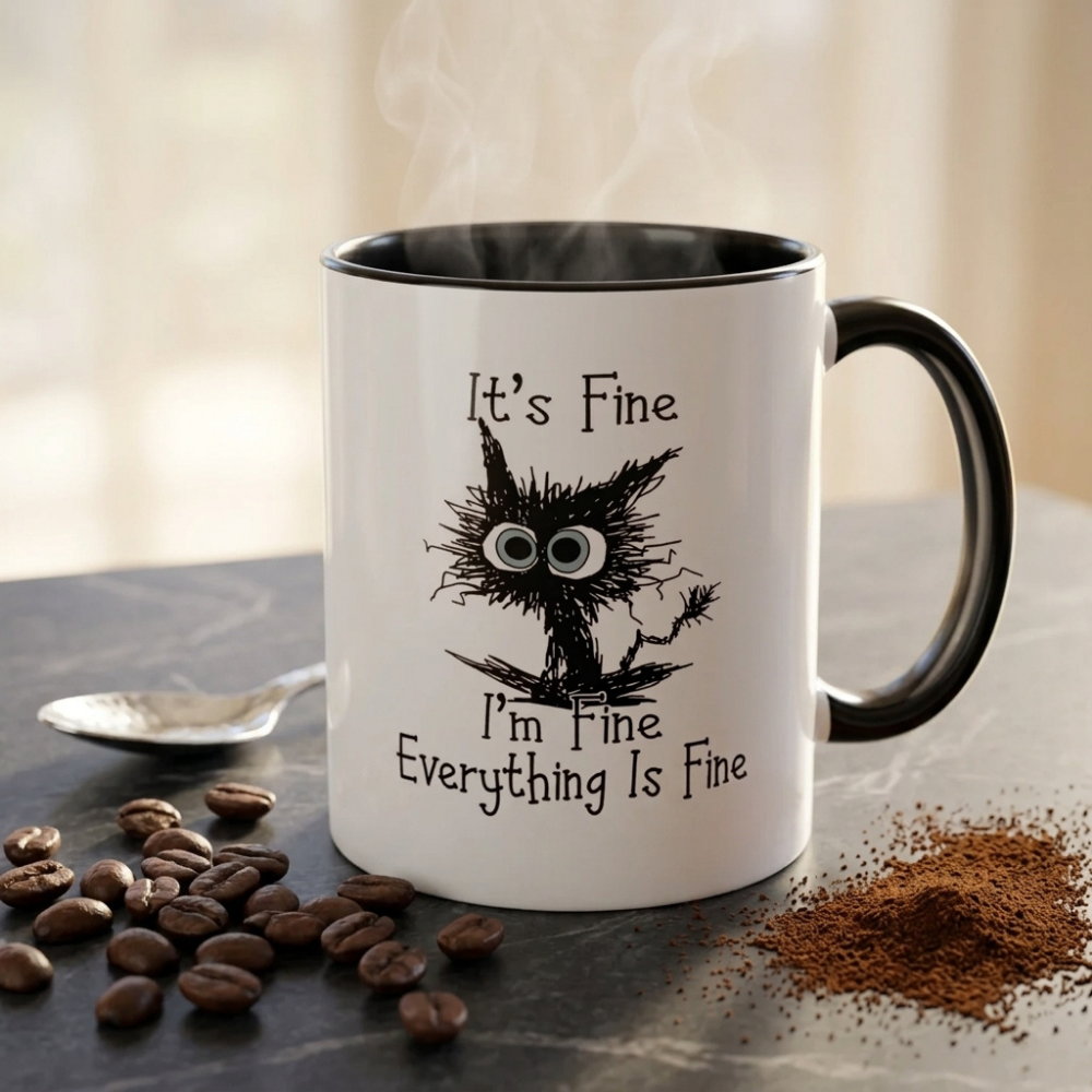 Bazinco Personalized It's Fine I'm Fine Everything Is Fine Black Cat PZ Mug | Custom Name Funny Ceramic Coffee Mug | Black Handle Mug | 11 Oz