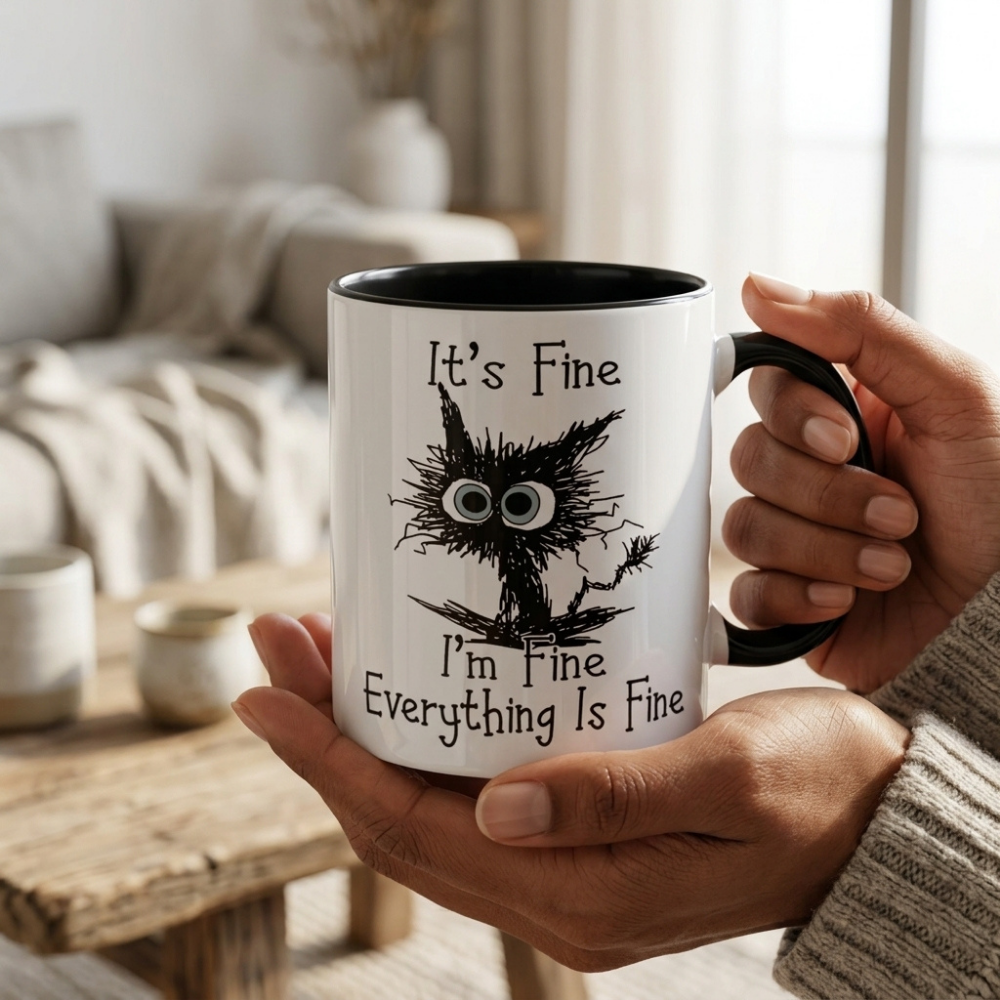 Bazinco Personalized It's Fine I'm Fine Everything Is Fine Black Cat PZ Mug | Custom Name Funny Ceramic Coffee Mug | Black Handle Mug | 11 Oz
