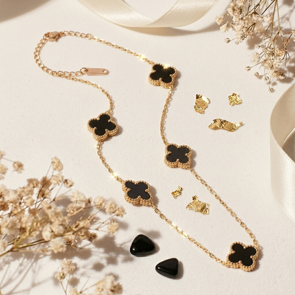 Bazinco Lucky Clover Bracelet | Black Four Leaf Clover Bracelet | Trendy Gold Chain Bracelet for Women