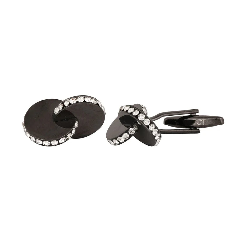 Bazinco Black Crystal Disc Cufflinks – Premium Round Formal Cufflinks for Men | Wedding, Office & Tuxedo Accessories