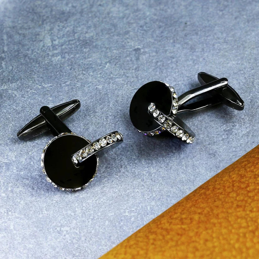Bazinco Black Crystal Disc Cufflinks – Premium Round Formal Cufflinks for Men | Wedding, Office & Tuxedo Accessories