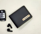 Bazinco Personalized Black Leather Wallet for Men – Custom Name Plate Bifold Wallet