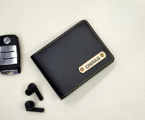 Bazinco Personalized Black Leather Wallet for Men – Custom Name Plate Bifold Wallet