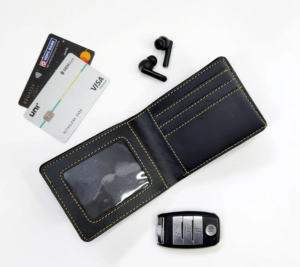 Bazinco Personalized Black Leather Wallet for Men – Custom Name Plate Bifold Wallet