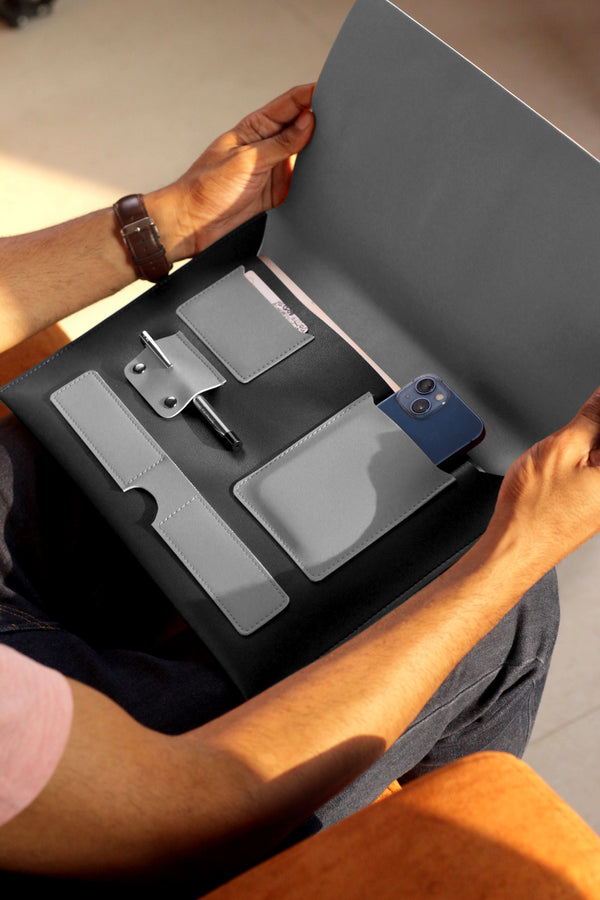 Black & Grey Vegan Leather Laptop Sleeve by Bazinco