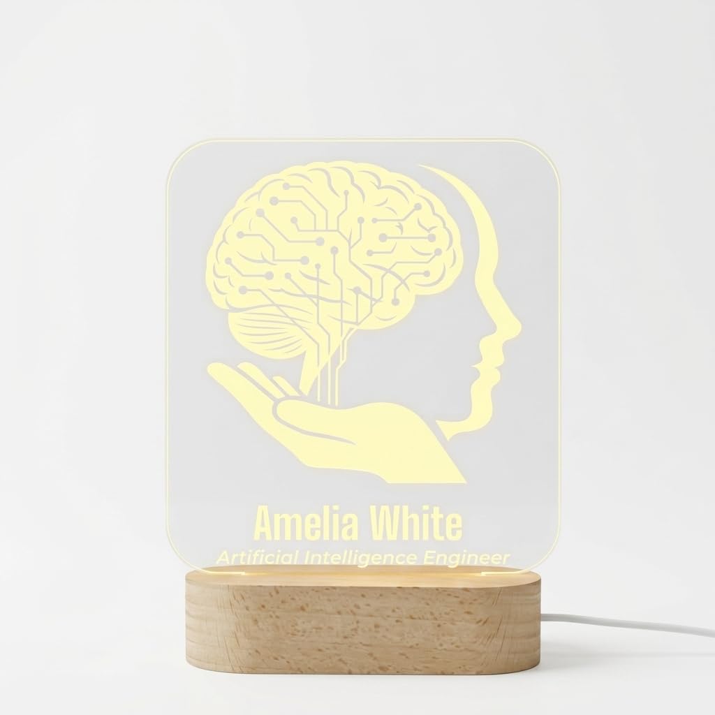 Bazinco Custom AI Brain LED Night Lamp | Personalized Acrylic Name & Profession Light with Wooden Base | Artificial Intelligence Engineer Desk Decor & Gift