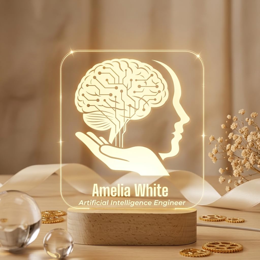 Bazinco Custom AI Brain LED Night Lamp | Personalized Acrylic Name & Profession Light with Wooden Base | Artificial Intelligence Engineer Desk Decor & Gift