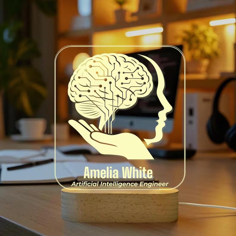 Bazinco Custom AI Brain LED Night Lamp | Personalized Acrylic Name & Profession Light with Wooden Base | Artificial Intelligence Engineer Desk Decor & Gift