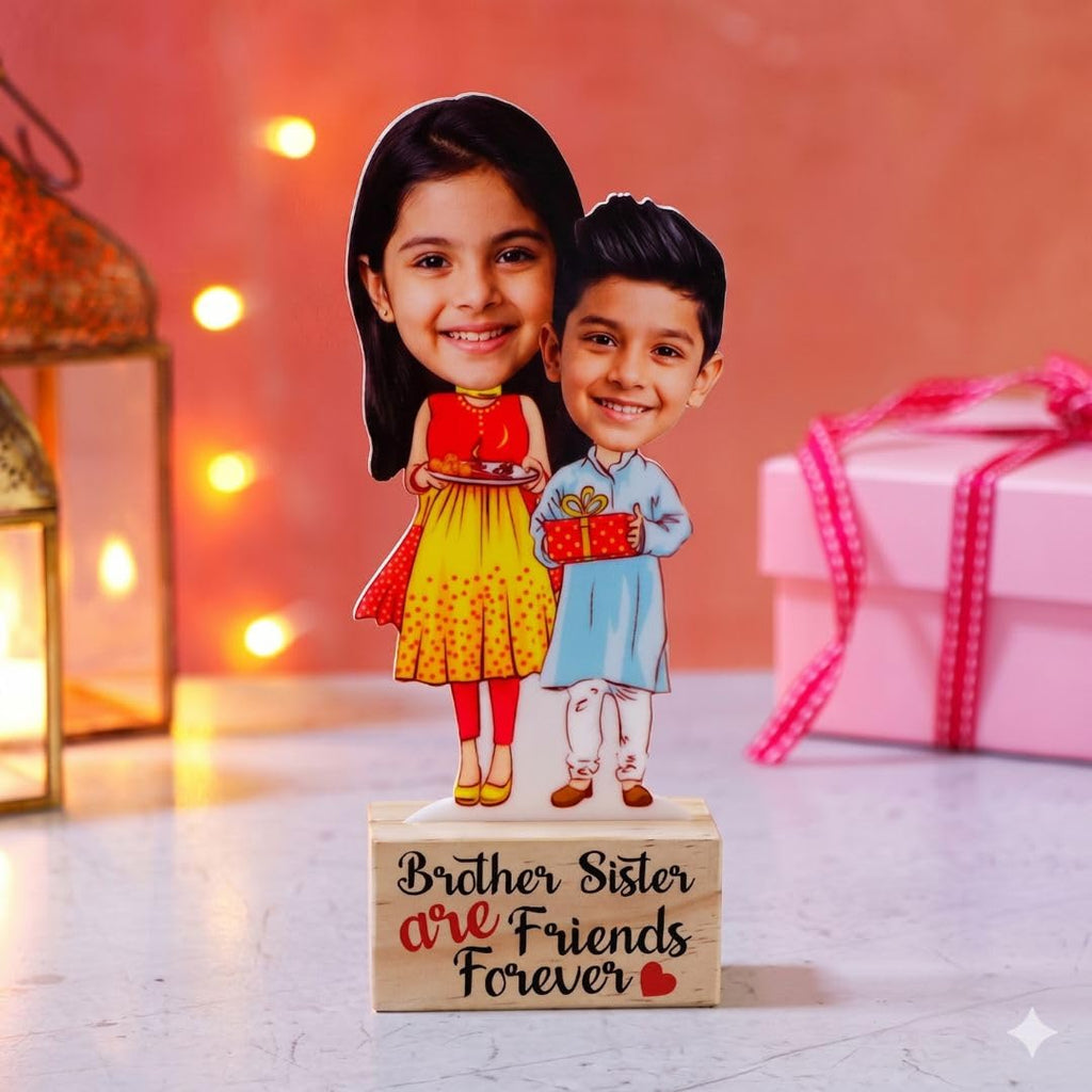 Bazinco Brother Sister Personalized Caricature Stand | Custom Acrylic Plaque with Wooden Base | Unique Raksha Bandhan & Birthday Gift for Siblings