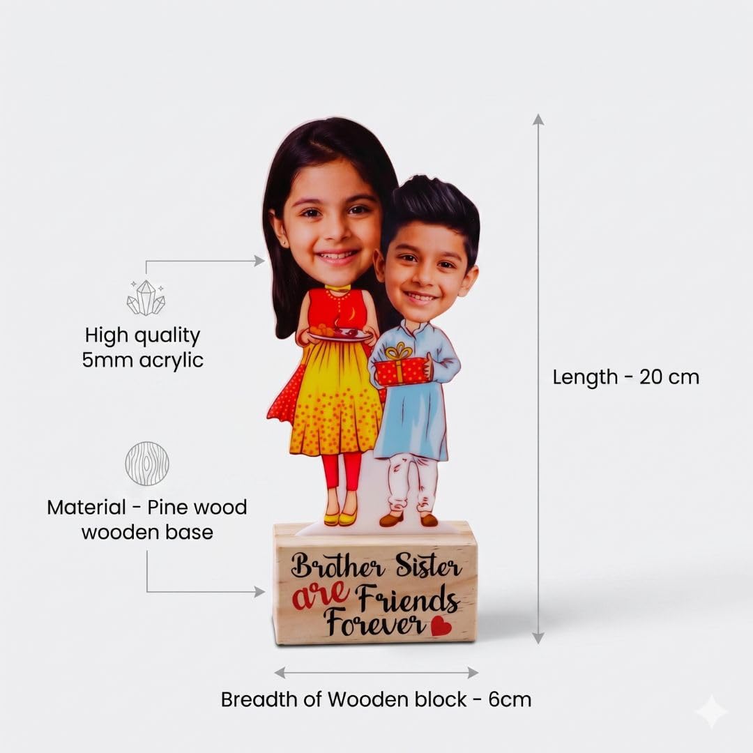 Bazinco Brother Sister Personalized Caricature Stand | Custom Acrylic Plaque with Wooden Base | Unique Raksha Bandhan & Birthday Gift for Siblings