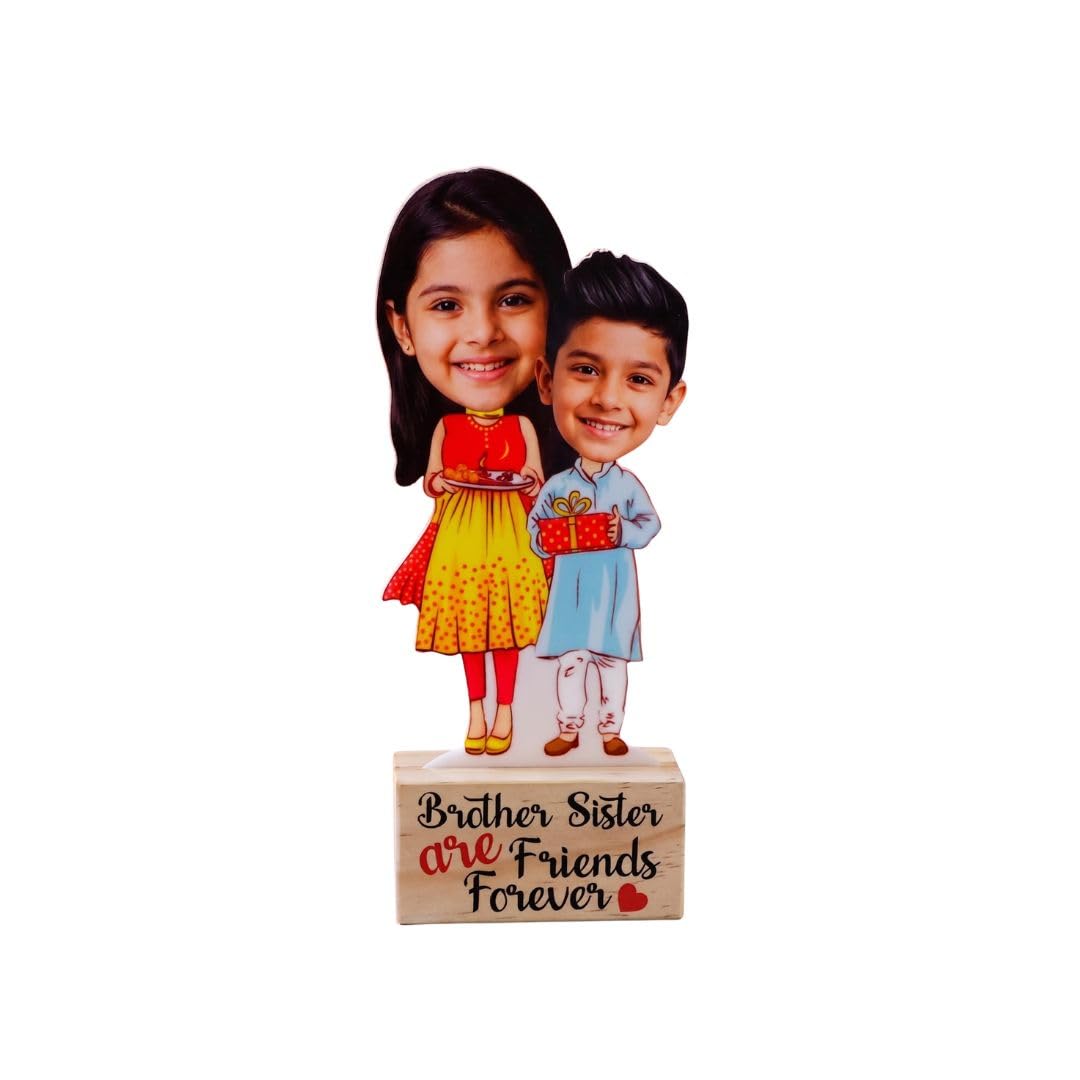 Bazinco Brother Sister Personalized Caricature Stand | Custom Acrylic Plaque with Wooden Base | Unique Raksha Bandhan & Birthday Gift for Siblings