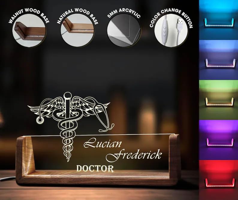 Bazinco Personalized Doctor Name Plate with Caduceus Medical Symbol, Custom Acrylic LED Name Plate with Wooden Base, Doctor Desk Name Sign for Clinic, Office & Gift