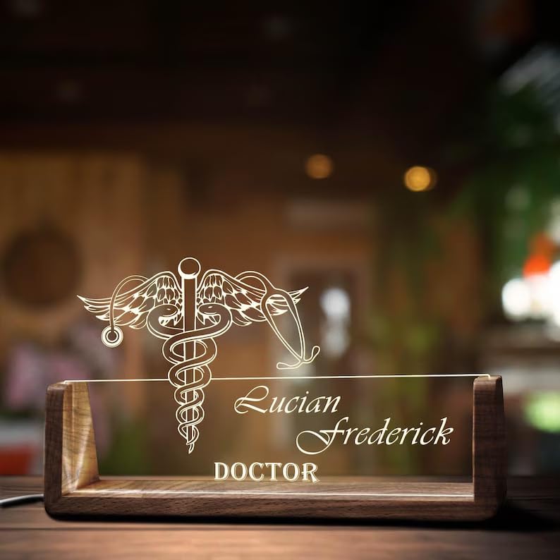 Bazinco Personalized Doctor Name Plate with Caduceus Medical Symbol, Custom Acrylic LED Name Plate with Wooden Base, Doctor Desk Name Sign for Clinic, Office & Gift