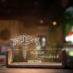Bazinco Personalized Doctor Name Plate with Caduceus Medical Symbol, Custom Acrylic LED Name Plate with Wooden Base, Doctor Desk Name Sign for Clinic, Office & Gift