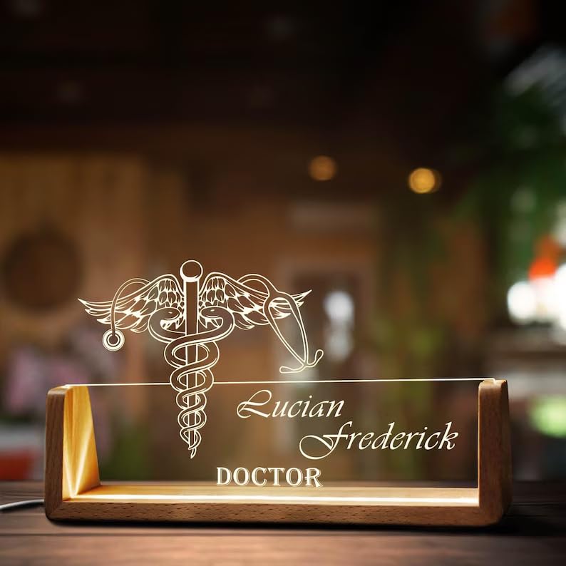 Bazinco Personalized Doctor Name Plate with Caduceus Medical Symbol, Custom Acrylic LED Name Plate with Wooden Base, Doctor Desk Name Sign for Clinic, Office & Gift