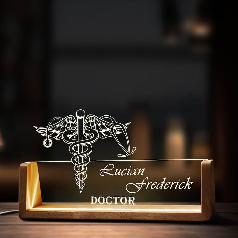 Bazinco Personalized Doctor Name Plate with Caduceus Medical Symbol, Custom Acrylic LED Name Plate with Wooden Base, Doctor Desk Name Sign for Clinic, Office & Gift