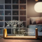 Bazinco Personalized Doctor Name Plate with Caduceus Medical Symbol, Custom Acrylic LED Name Plate with Wooden Base, Doctor Desk Name Sign for Clinic, Office & Gift
