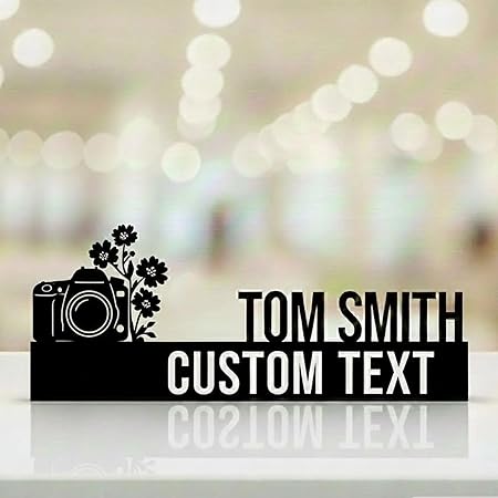 Bazinco Personalized Photographer Name Plate – Camera Design Custom Name Stand for Desk & Studio
