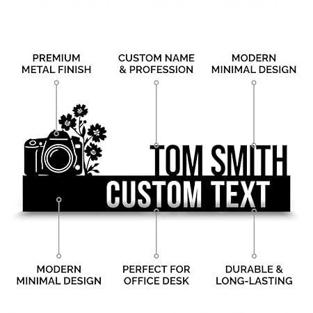 Bazinco Personalized Photographer Name Plate – Camera Design Custom Name Stand for Desk & Studio