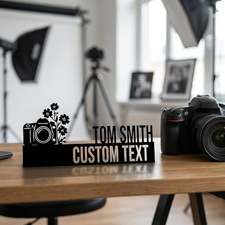 Bazinco Personalized Photographer Name Plate – Camera Design Custom Name Stand for Desk & Studio
