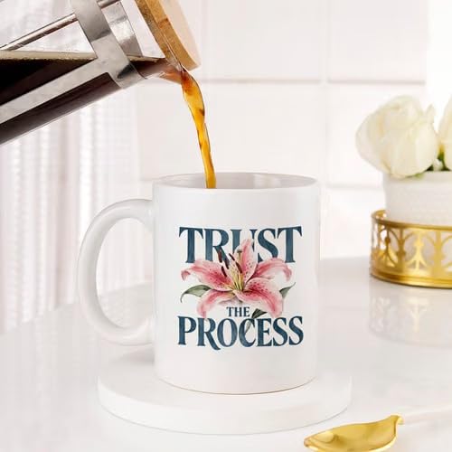 Bazinco Personalized Ceramic Coffee Mug – Trust The Process Floral Lily Design with Custom Name, White Coffee Cup for Women, Girls, Friends, Birthday & Inspirational Gift