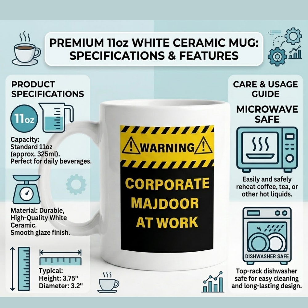 Bazinco Corporate Majdoor White Ceramic Mug | Funny Office Coffee Mug for Co-Workers | Printed Ceramic Tea & Coffee Cup | Microwave Safe | 11oz