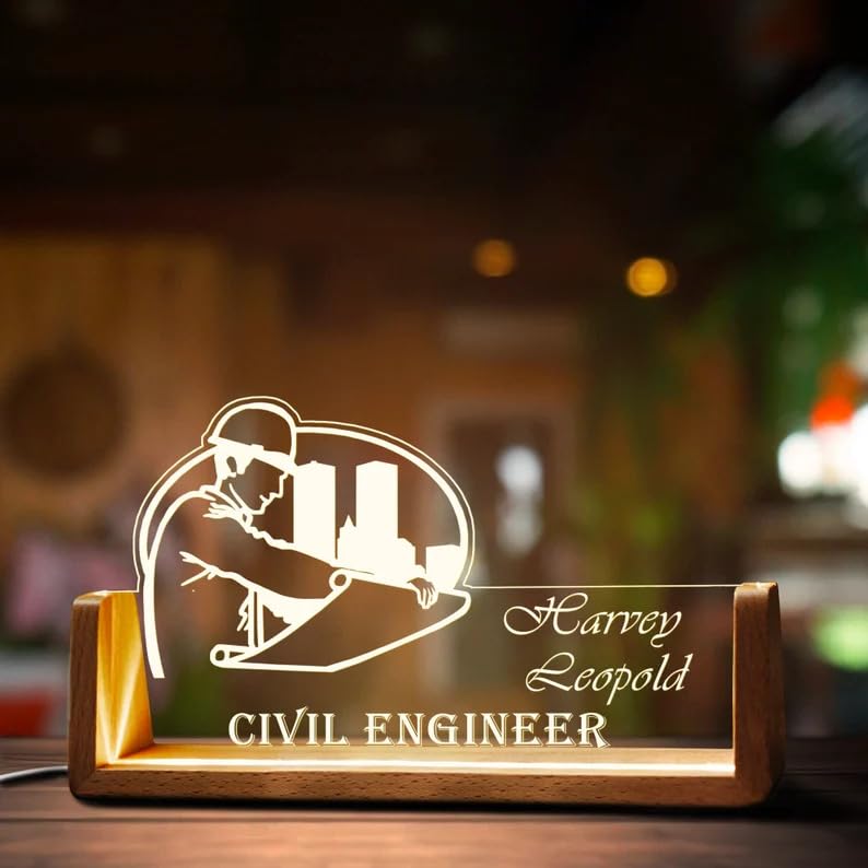 Custom Civil Engineer LED Name Plate | Personalized Acrylic Office Desk Sign with Wooden Stand | Civil Engineering Gift | Bazinco