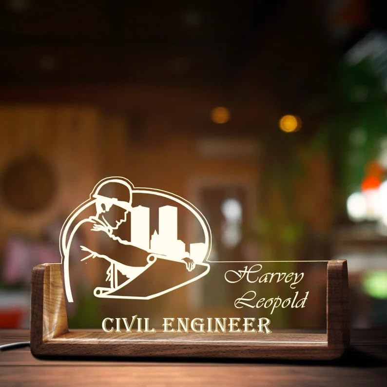 Custom Civil Engineer LED Name Plate | Personalized Acrylic Office Desk Sign with Wooden Stand | Civil Engineering Gift | Bazinco