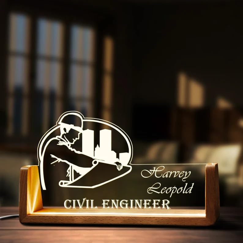 Custom Civil Engineer LED Name Plate | Personalized Acrylic Office Desk Sign with Wooden Stand | Civil Engineering Gift | Bazinco