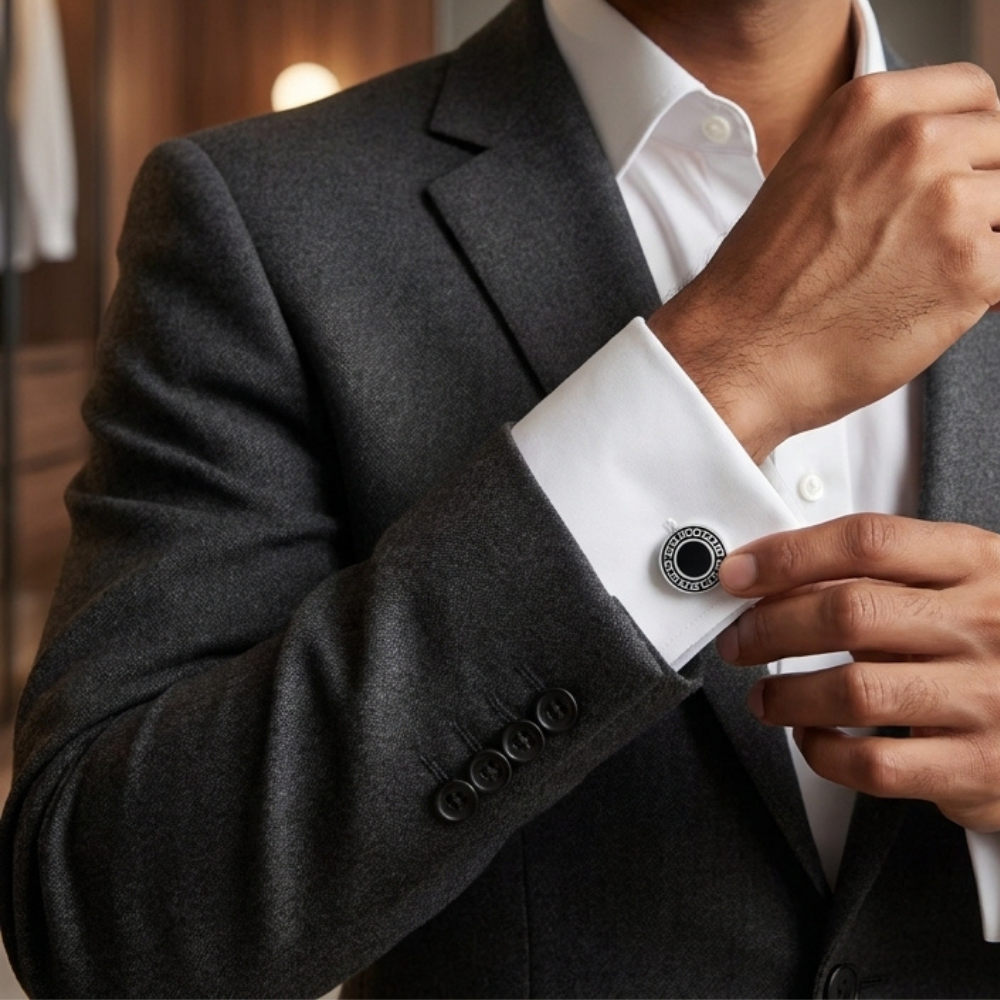 Bazinco Classic Black Enamel Cufflinks for Men – Premium Round Formal Shirt Cufflinks for Business & Wedding Wear
