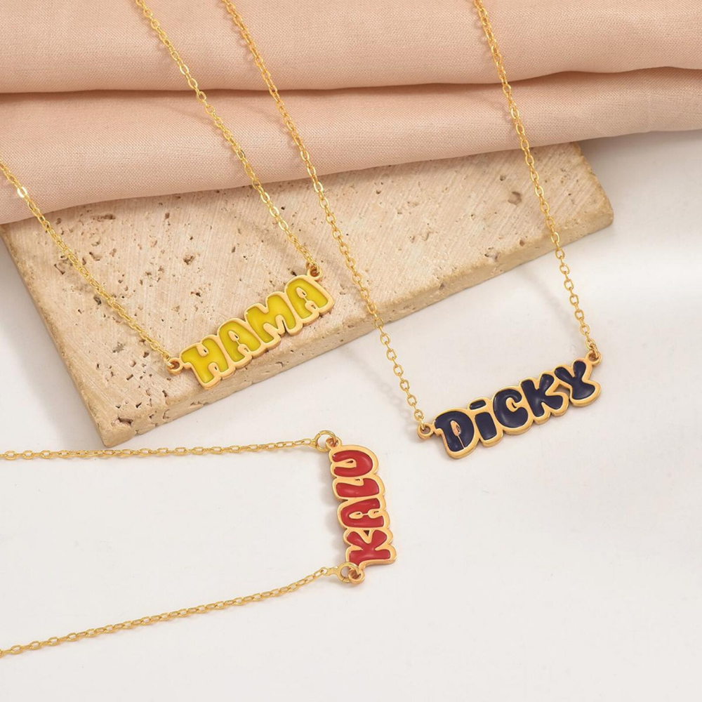 Bazinco Enamel Color Name Necklace – Custom Bubble Letter Personalized Pendant
