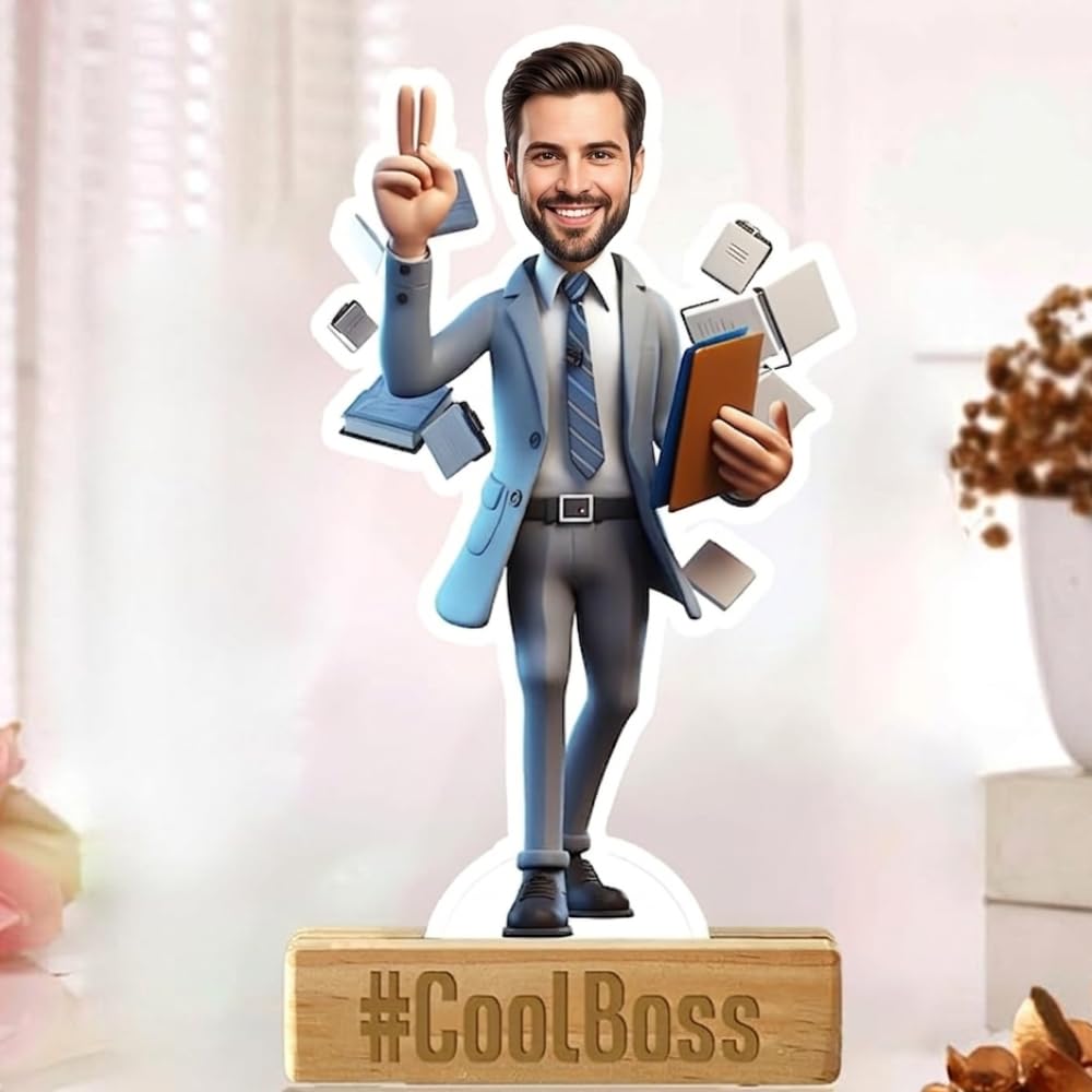 Bazinco Cool Boss Personalized Caricature Standee | Custom Boss Acrylic Desk Decor with Wooden Base | Unique Appreciation Gift for Boss & Manager