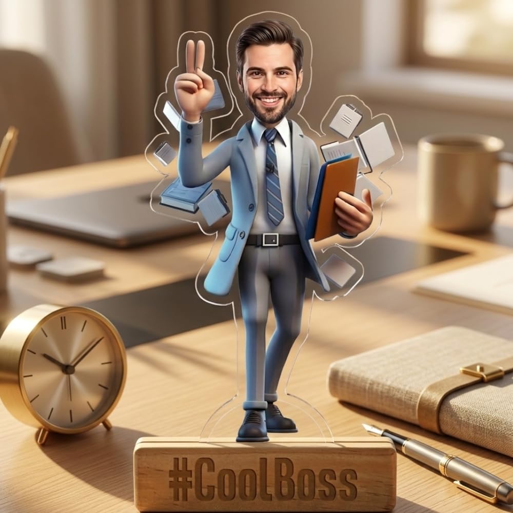 Bazinco Cool Boss Personalized Caricature Standee | Custom Boss Acrylic Desk Decor with Wooden Base | Unique Appreciation Gift for Boss & Manager