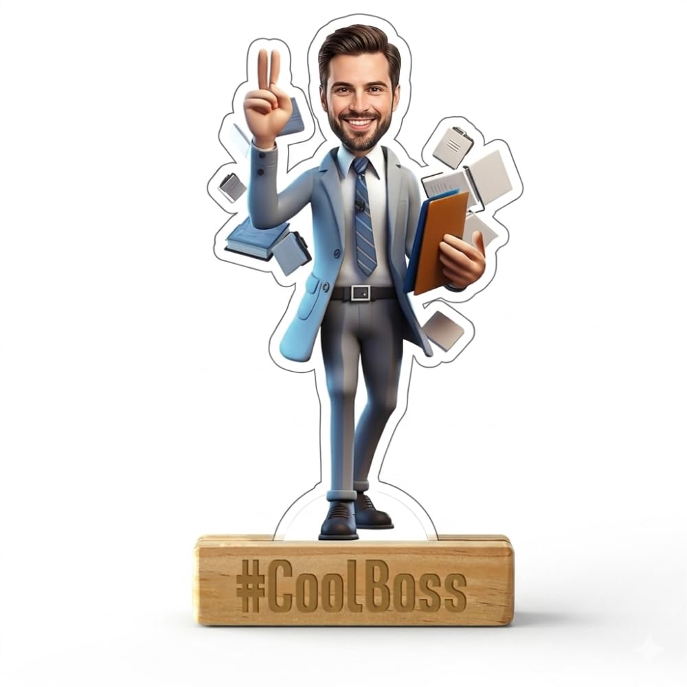 Bazinco Cool Boss Personalized Caricature Standee | Custom Boss Acrylic Desk Decor with Wooden Base | Unique Appreciation Gift for Boss & Manager