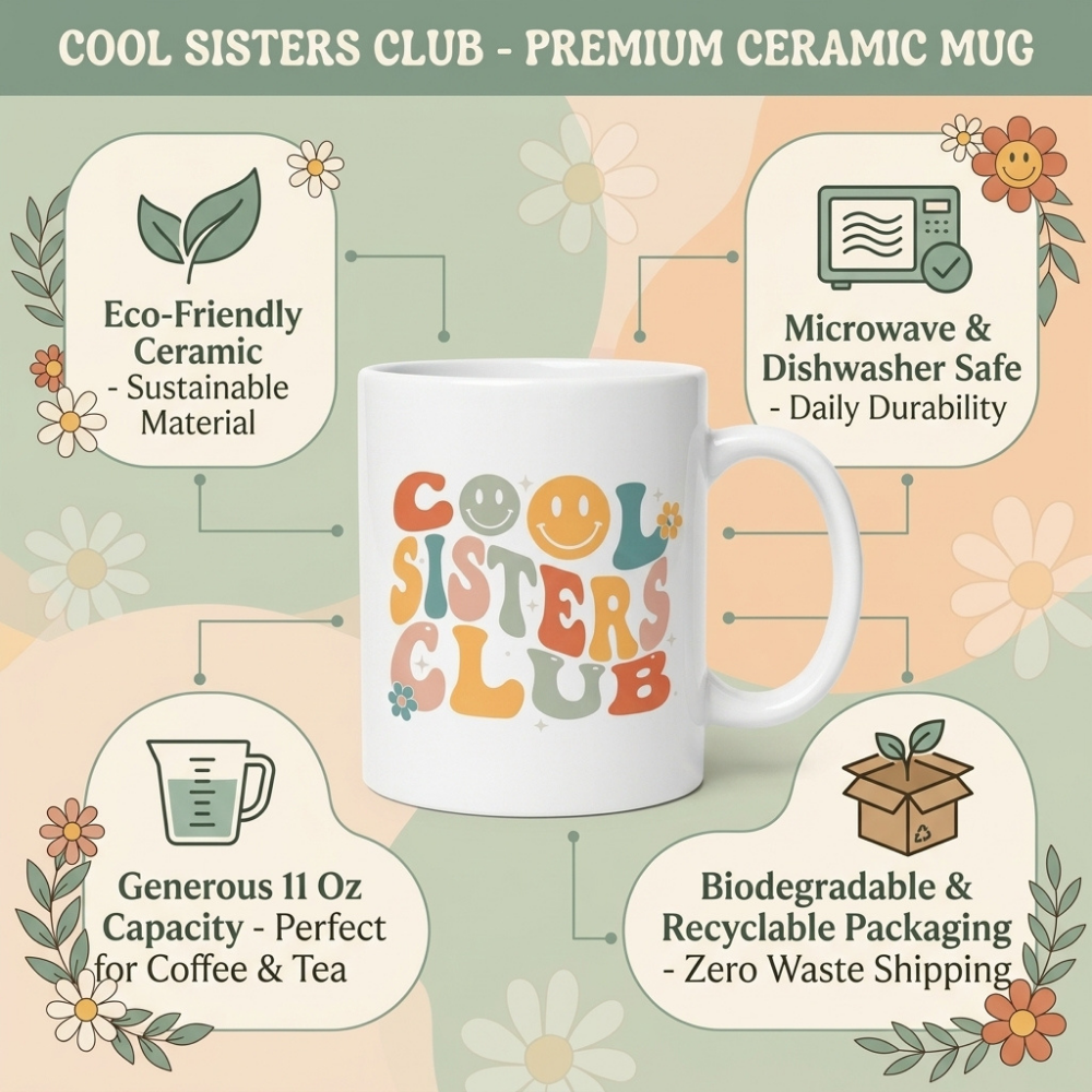 Bazinco Cool Sister Club Coffee Mug 11 Oz | Cute Sister Gift Mug | Rakhi Gift for Sister | Ceramic Tea & Coffee Cup for Sister | Birthday Gift for Sister